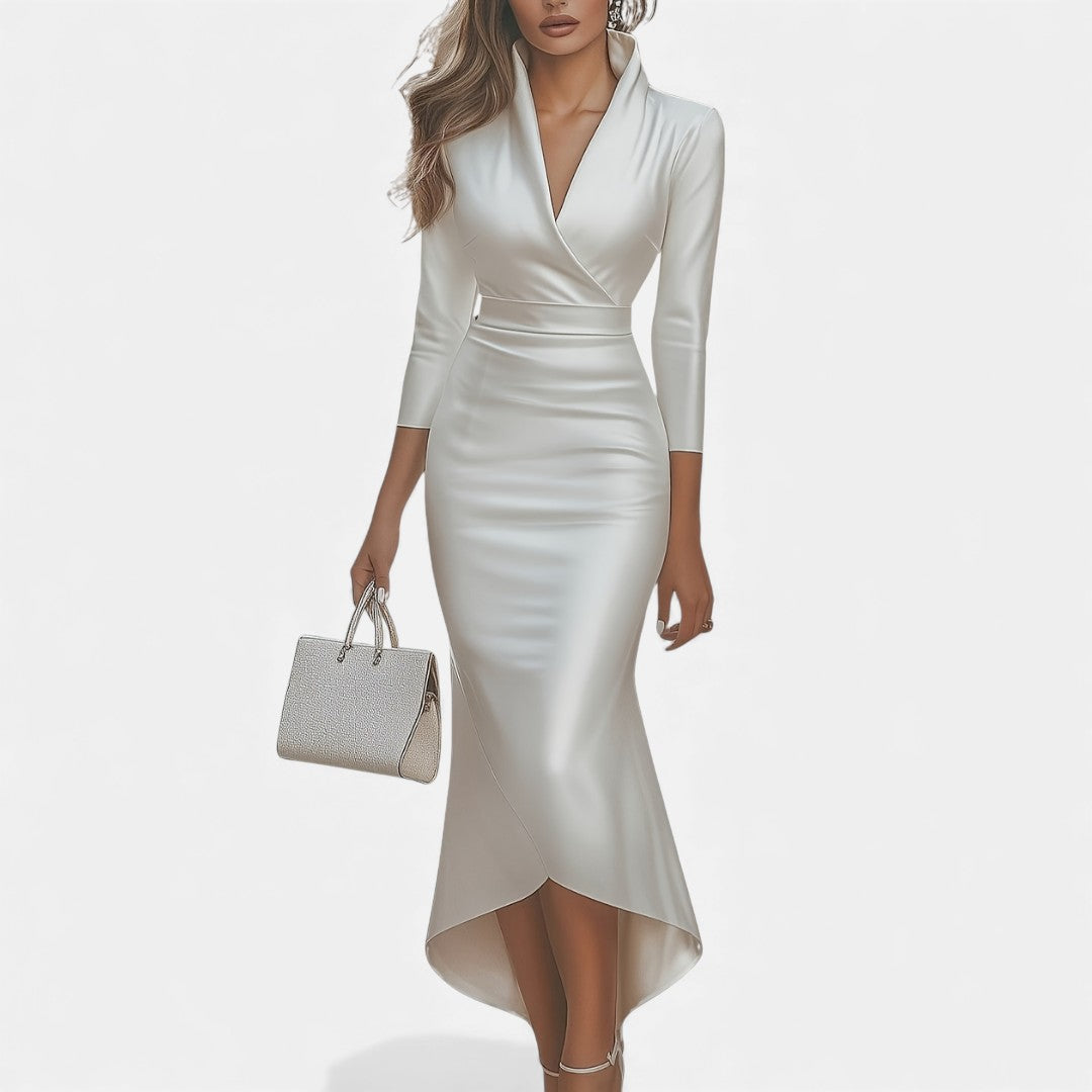 Karolina - Satynowa Sukienka Wieczorowa z Dekoltem w Serek