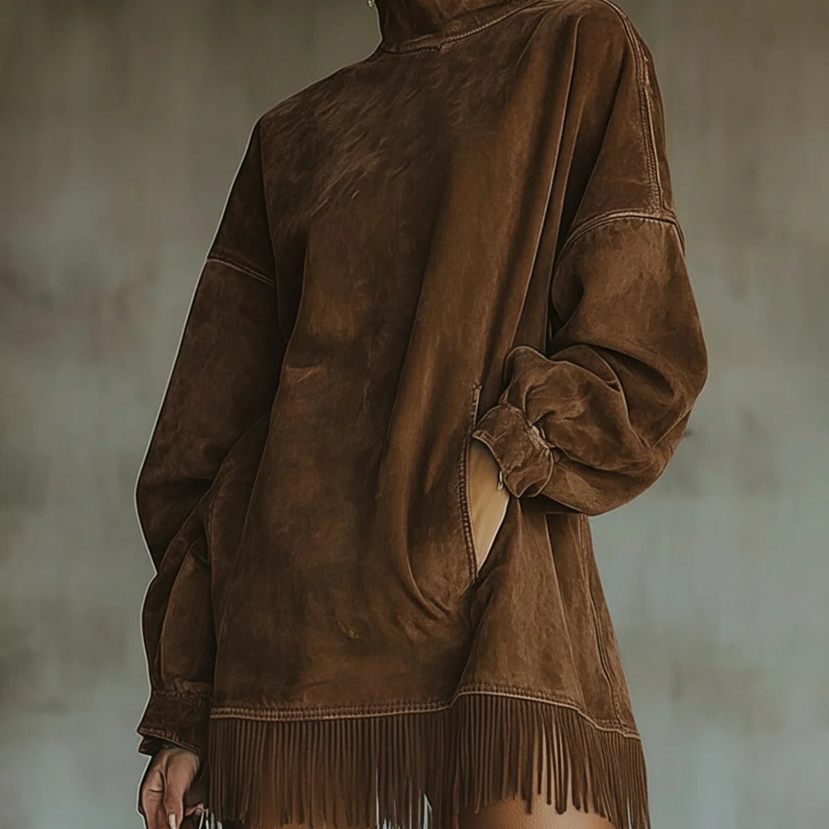 Helena – sukienka suede z golfem frędzlami