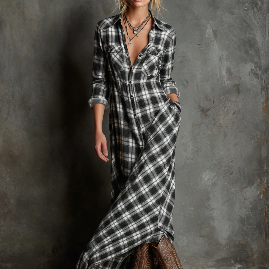 Izabela - Klasyczna Zielona Koszulowa Sukienka w Kratę