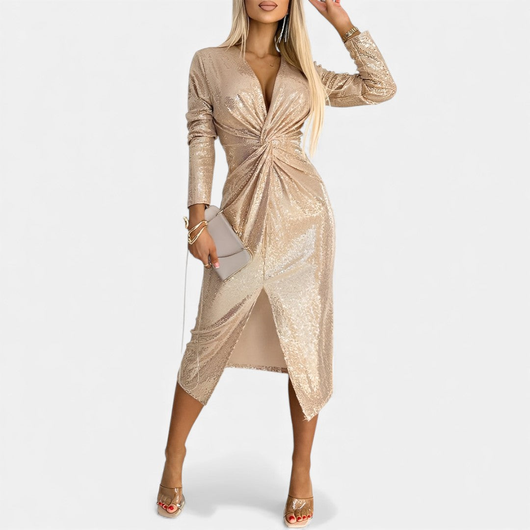 Maria – Elegancka sukienka wieczorowa z cekinami i rozcięciem