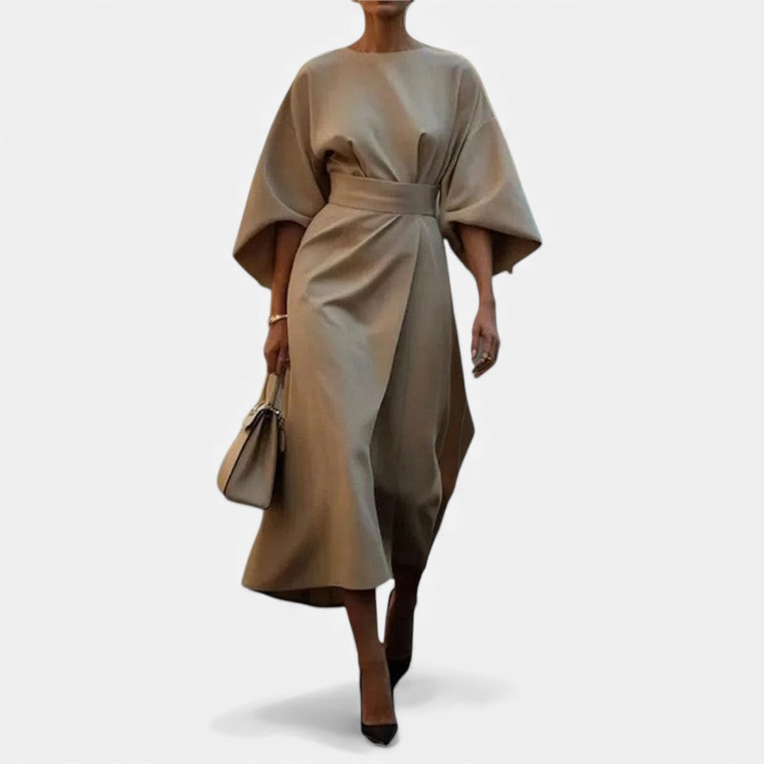 Maria - Sukienka Maxi z Rękawem w Satynowym