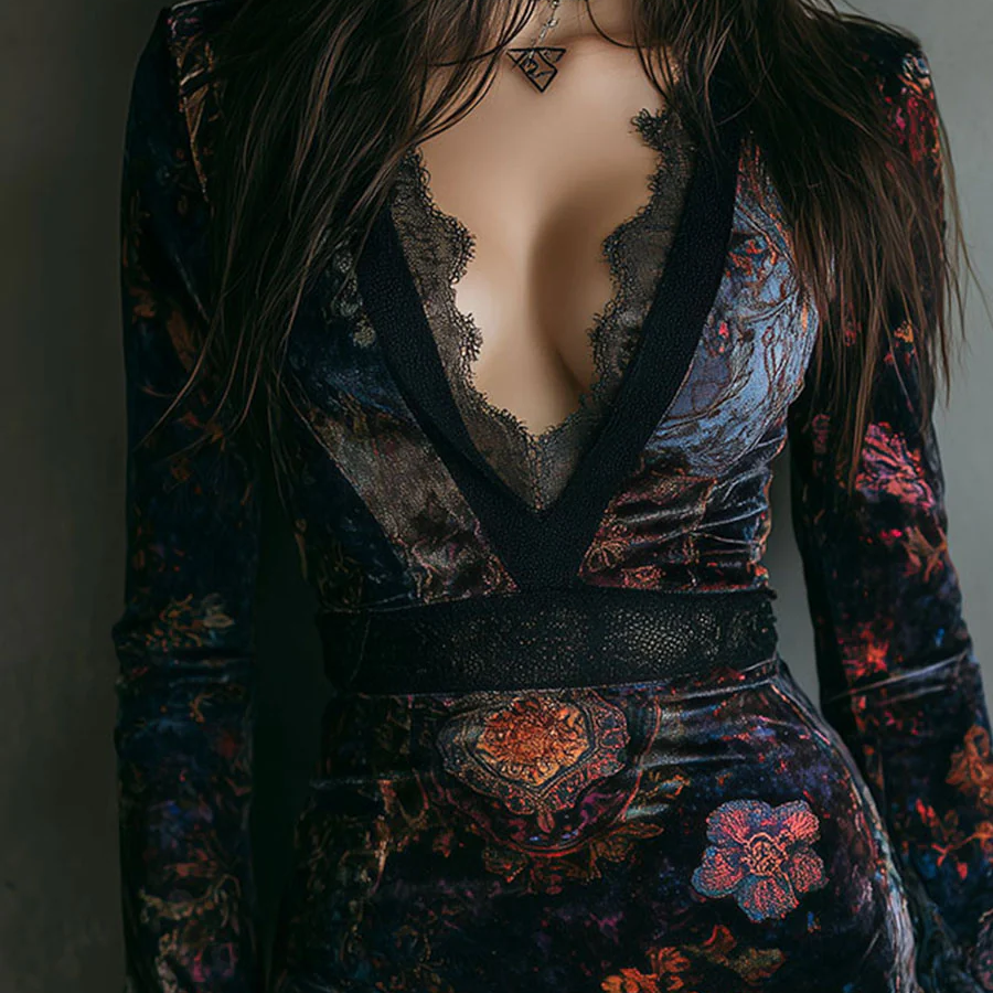 Maria - Mini sukienka w kwiaty z weluru z koronką