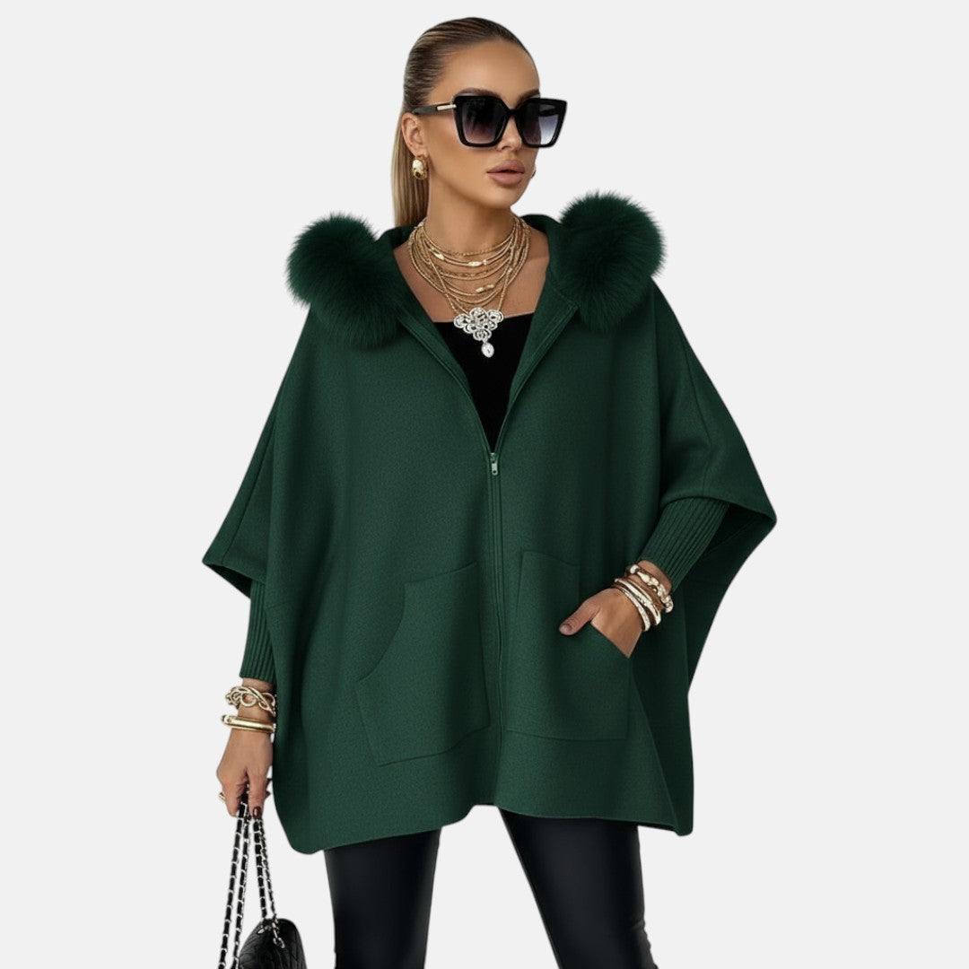 Magdalena - Swobodna kurtka z kapturem i futrzanym kołnierzem