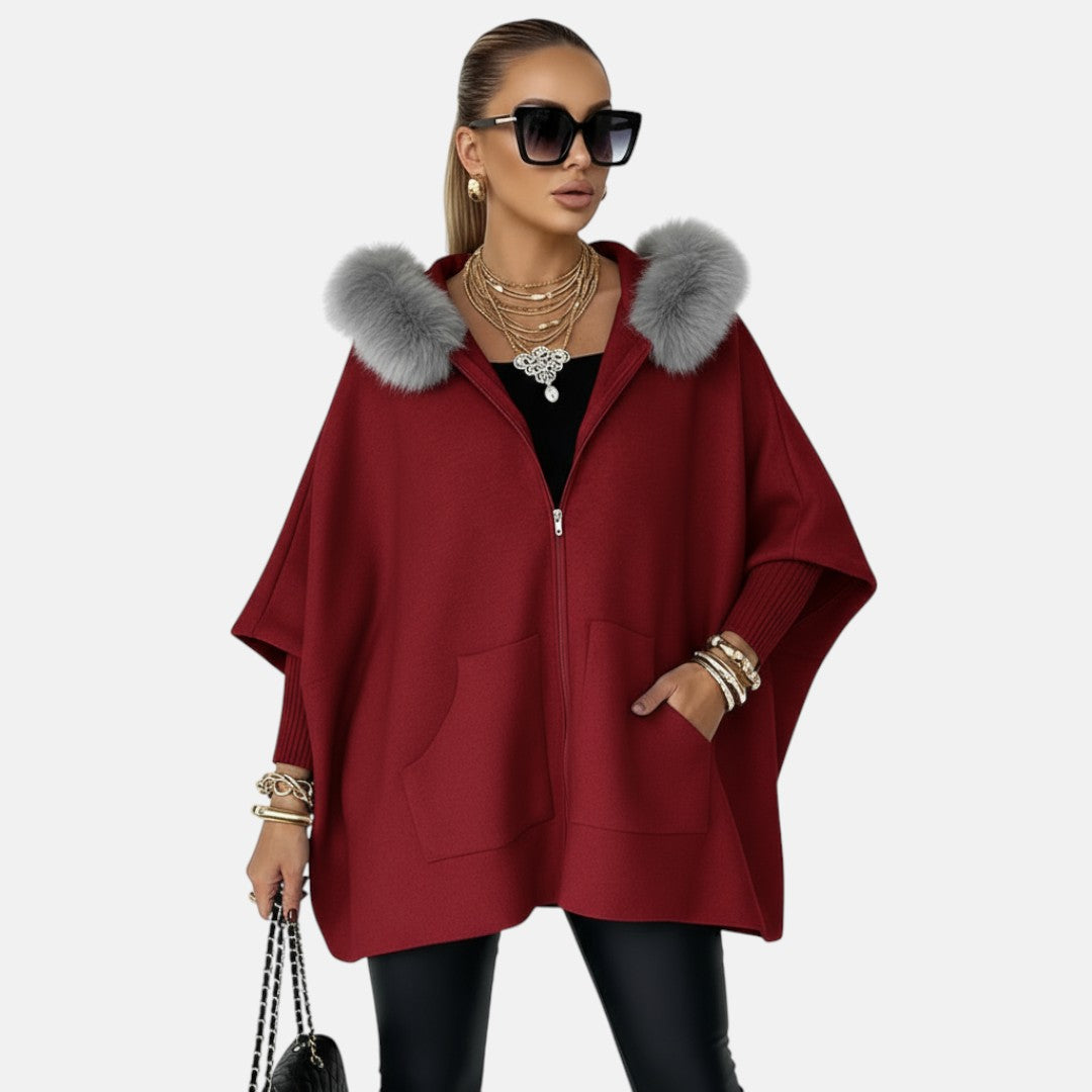 Magdalena - Swobodna kurtka z kapturem i futrzanym kołnierzem